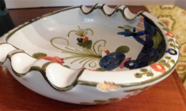 9 Blue Decorated Pitcher and Made in Italy Ash Tray Has Chip 