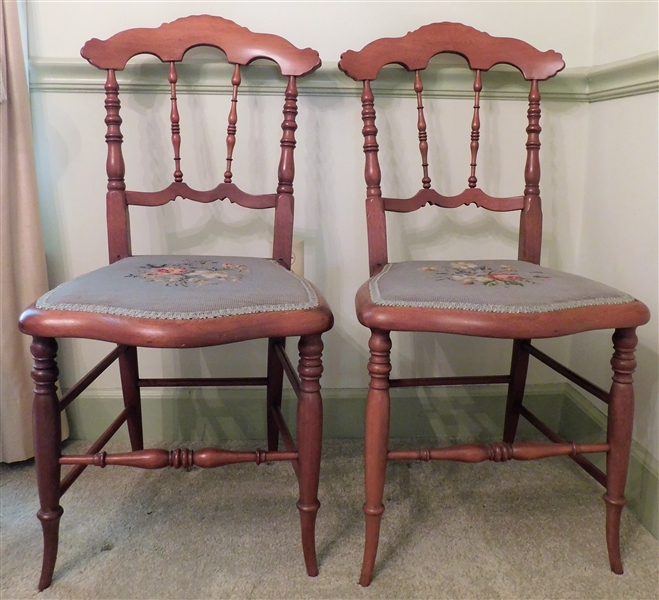 Pair of Walnut Side Chairs with Nice Needlepoint Seats - 34" tall