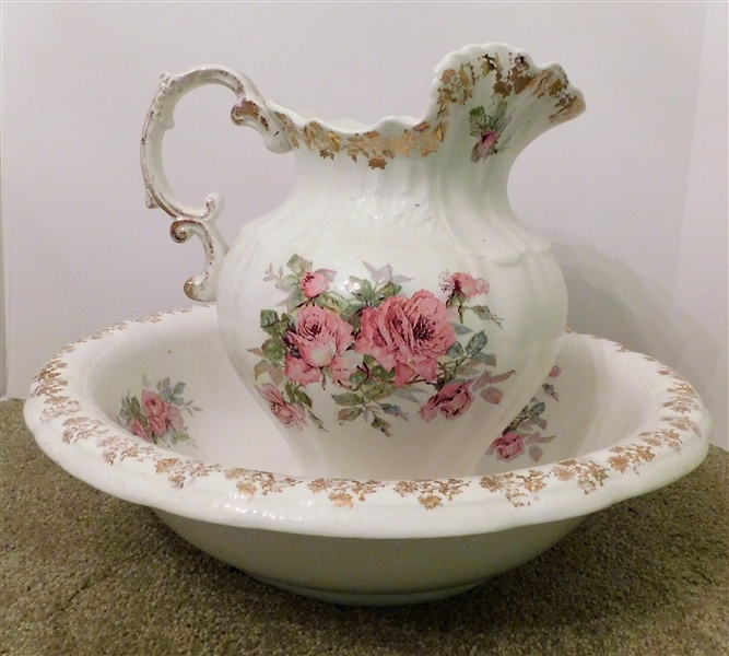 Rose Decorated Bowl and Pitcher Set - Pitcher Signed Lois -Has Crack - Bowl is Good - Pitcher is 10 1/2" tall 