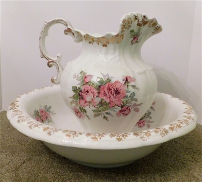 Rose Decorated Bowl and Pitcher Set - Pitcher Signed Lois -Has Crack - Bowl is Good - Pitcher is 10 1/2 tall 