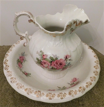 Rose Decorated Bowl and Pitcher Set - Pitcher Signed Lois -Has Crack - Bowl is Good - Pitcher is 10 1/2 tall 