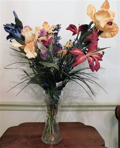 Crystal Floral Etched Vase with Nice Faux Iris Flowers - Vase is 10" Tall