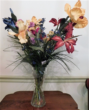Crystal Floral Etched Vase with Nice Faux Iris Flowers - Vase is 10 Tall