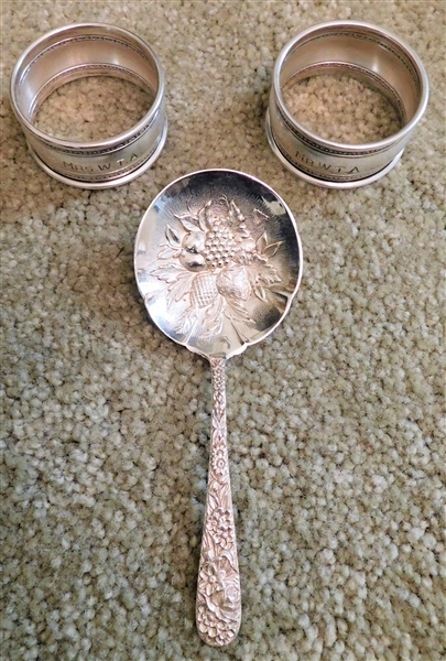 Sterling Silver S. Kirk & Son Repousse Fruit Spoon and 2 Monogrammed Napkin Rings -Spoon Measures 5 1/2" long