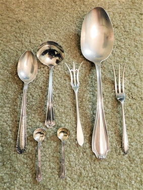 7 Pieces of Sterling Silver including Serving Spoon, Pickle Forks, Ladle, Salt Spoons - Tea Spoon and Ladle are Monogrammed - 1 Salt Spoon is a Brooch