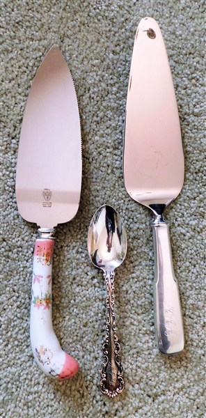 Sterling Silver Tea Spoon, Sterling Handle Pie Server, and Sheffield England Porcelain Handle Pie Server - Sterling Pieces are Monogrammed
