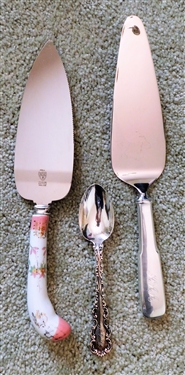 Sterling Silver Tea Spoon, Sterling Handle Pie Server, and Sheffield England Porcelain Handle Pie Server - Sterling Pieces are Monogrammed
