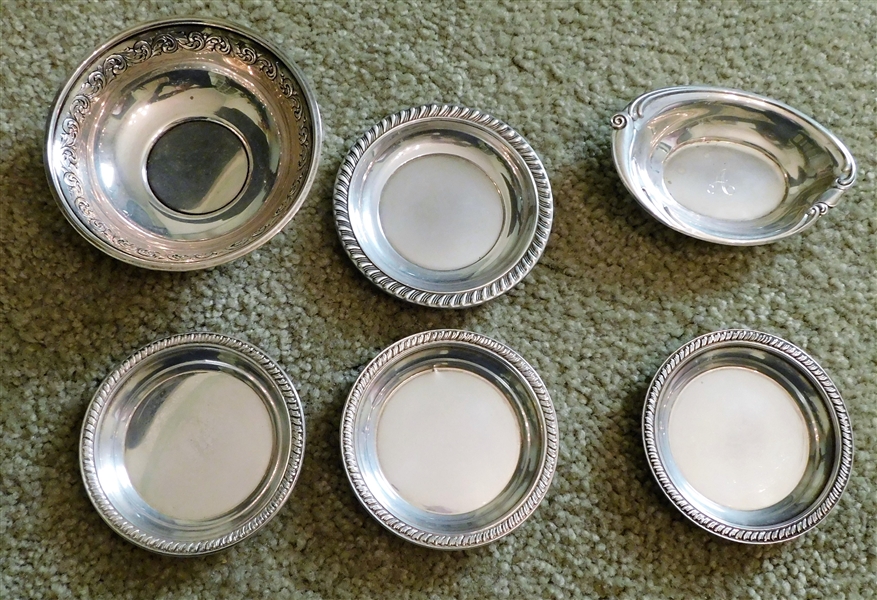 Towle Sterling Silver Nut Bowl 214 - 3 1/4" and Wallace Sterling Silver Nut Bowl 4021 - Monogrammed 4 Sterling Silver Round Plates - 3- 3" and 1 - 3 1/4" 