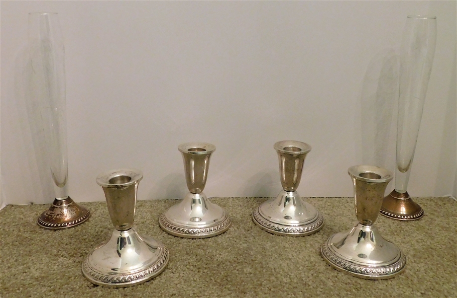 4 National Sterling Silver Weighted Candle Sticks - 4" and Pair of Weighted Bud Vases 
