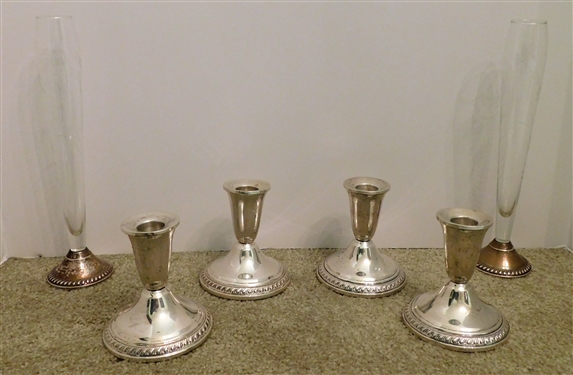 4 National Sterling Silver Weighted Candle Sticks - 4 and Pair of Weighted Bud Vases 