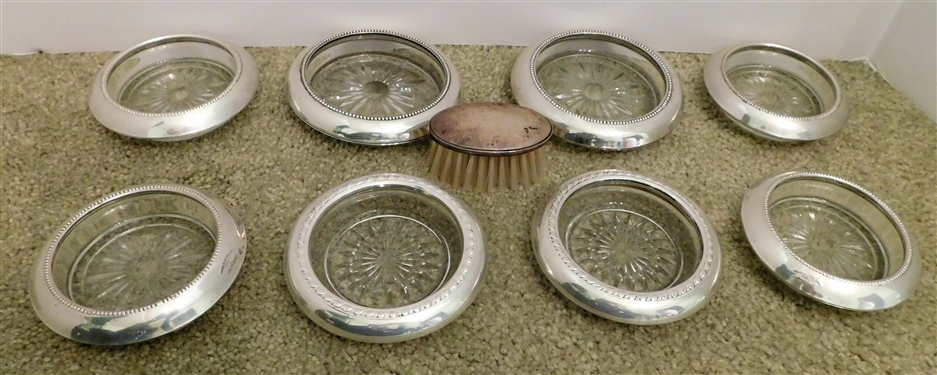 8 Glass Coasters with Sterling Silver Rims and Sterling Silver Mounted Small Brush - Monogrammed
