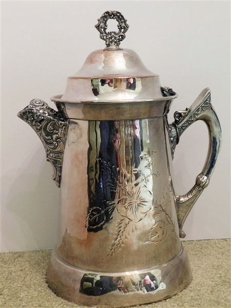 Large Quadruple Silver Plate Pitcher / Tankard - Numbered 999 - 14" tall - Lid Needs Pin 