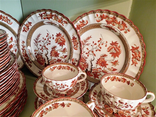 Set of 76 Pieces Copeland Spode India Tree China - 12 - 6 Piece Settings - 1 Demitasse Cup & Saucer, 2 Butter Pats - Unused Condition - Includes 12 10 1/4 Plates, 12 8  3/4  Plates, 12 7 5/8 ...