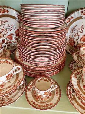 Set of 76 Pieces Copeland Spode India Tree China - 12 - 6 Piece Settings - 1 Demitasse Cup & Saucer, 2 Butter Pats - Unused Condition - Includes 12 10 1/4 Plates, 12 8  3/4  Plates, 12 7 5/8 ...