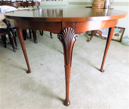 Round Table with Shell Carved Details, Queen Anne Feet -42 across Can Be Extended with 2  Leaves to Measure 29 42 by 66 - Leaves Have Scratches 