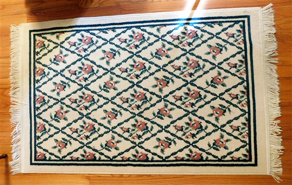 Cream Machine Made Rug with Pink and Green Floral Details - 49 by 31