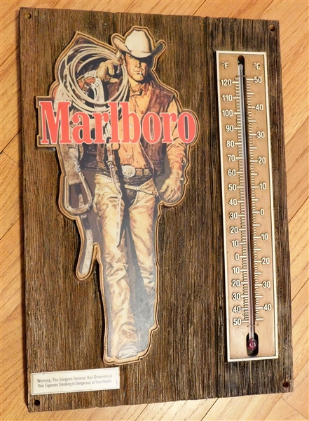 Faux Wood Marlboro Man Thermometer - New Old Stock - 16" by 11" 
