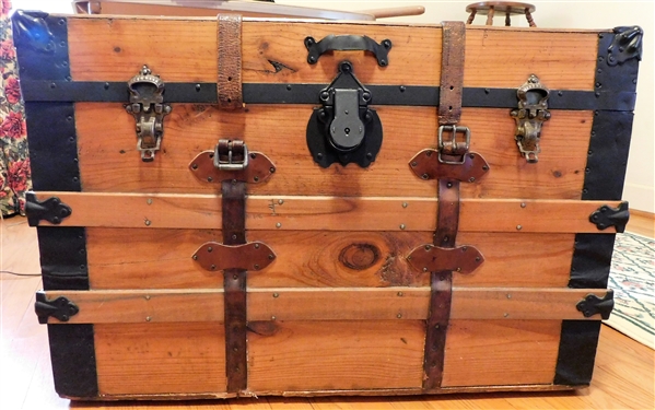 Wood Trunk with Leather Straps - Both End Handles Are Broken - Tray Inside - 21 1/2 tall 32 by 19