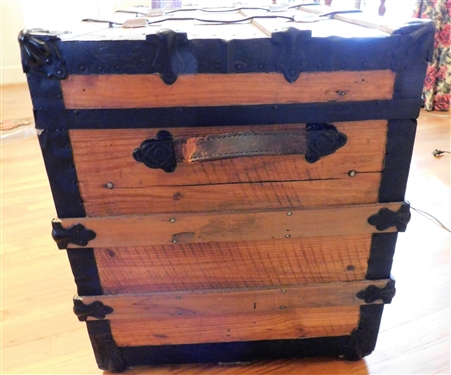Wood Trunk with Leather Straps - Both End Handles Are Broken - Tray Inside - 21 1/2 tall 32 by 19