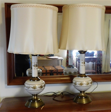 Pair of White and Gold Table Lamps - Metal Bases and Center - 31 1/2 total Height