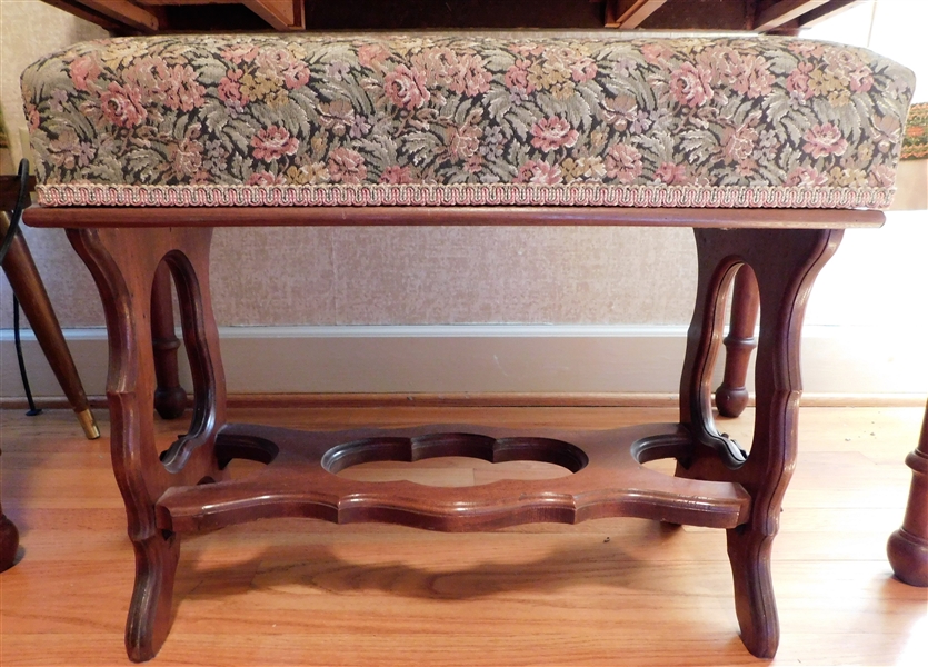 Walnut Dressing Stool with Rose Carved Details -Lift Seat - Hinges Need Replacing 18" tall 22" by 11" 