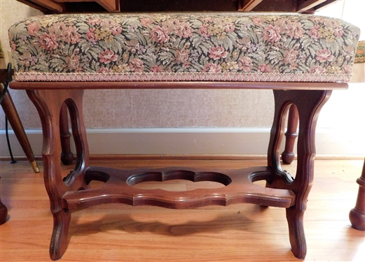 Walnut Dressing Stool with Rose Carved Details -Lift Seat - Hinges Need Replacing 18 tall 22 by 11 