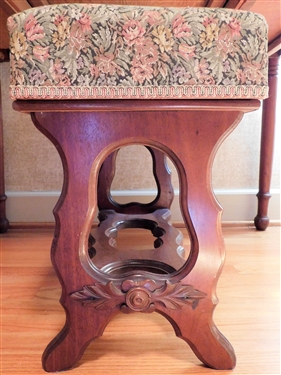 Walnut Dressing Stool with Rose Carved Details -Lift Seat - Hinges Need Replacing 18 tall 22 by 11 