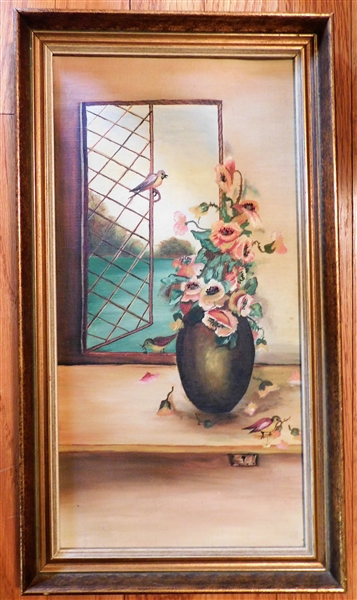 1920s Oil on Canvas Still Life Painting of Vase of Flowers and Birds - By Blanch Bruton  16" by 9"