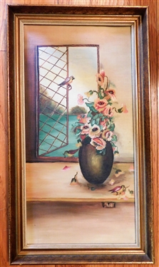 1920's Oil on Canvas Still Life Painting of Vase of Flowers and Birds - By Blanch Bruton  16 by 9