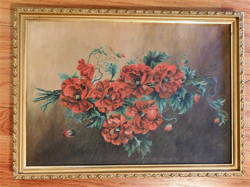 1900 Oil on Canvas Painting Red Poppies by Miss Jeanie Martin Mt. Gilead, NC - Framed - Frame Measures 19 by 14