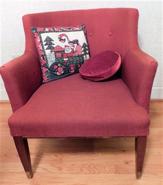 Red Upholstered Club Chair with Brass Tipped Wood Legs -25 tall 28 by 20
