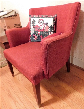 Red Upholstered Club Chair with Brass Tipped Wood Legs -25 tall 28 by 20