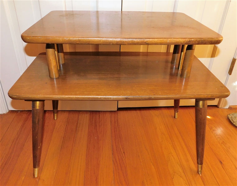 Mid Century 2 Tier Table with Brass Tipped Feet - Table Measures -22" tall 27 1/2" by 15" Some Finish Issues on Top - 