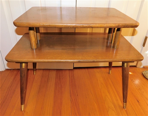 Mid Century 2 Tier Table with Brass Tipped Feet - Table Measures -22 tall 27 1/2 by 15 Some Finish Issues on Top - 