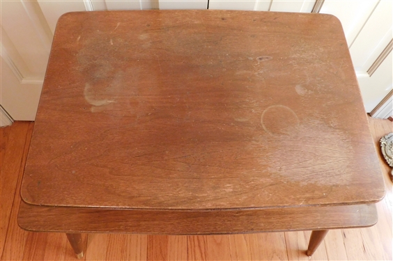 Mid Century 2 Tier Table with Brass Tipped Feet - Table Measures -22 tall 27 1/2 by 15 Some Finish Issues on Top - 
