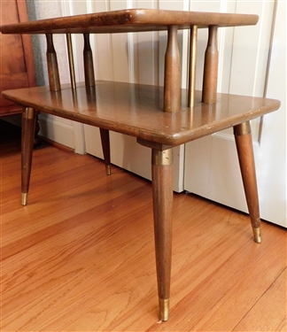 Mid Century 2 Tier Table with Brass Tipped Feet - Table Measures -22 tall 27 1/2 by 15 Some Finish Issues on Top - 
