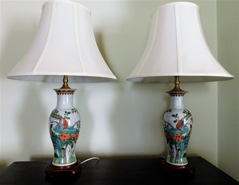 Pair of Asian Crackle Finish Table Lamps with Nice Shades - 27 1/2" tall 