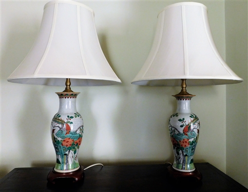 Pair of Asian Crackle Finish Table Lamps with Nice Shades - 27 1/2 tall 