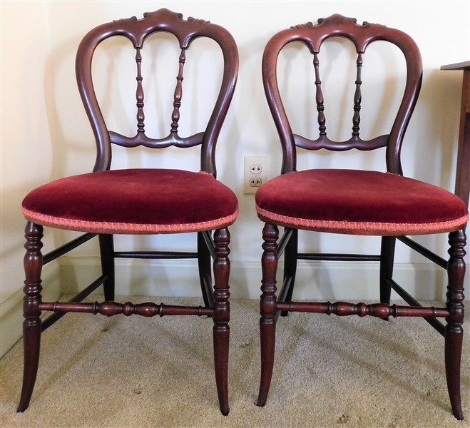Pair of Walnut Side Chairs with Red Upholstered Seats - 33" tall 