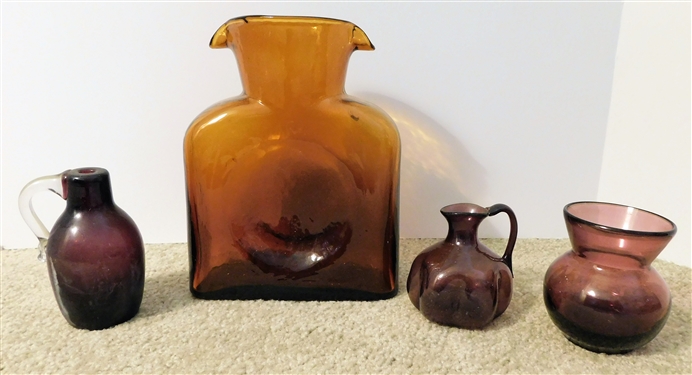 4 Pieces of Unsigned Blenko Glass - Amber Pitcher 8 1/4 tall, 3 Smaller Amethyst tallest 4 1/2 