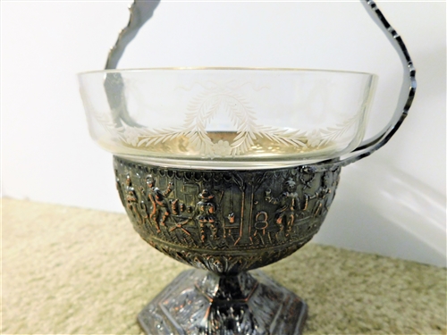 Scenic Silverplated Basket with Elegant Glass Insert -  4 3/4 Tall to Handle - 4 1/2 Across