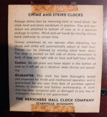 Herschede Hall Clock Company  Chime and Strike Mantle Clock - with Key - 19 long 7 3/4 tall 