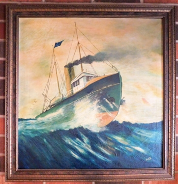 1920's MIB Oil on Canvas Painting of a Ship - Framed - Frame Measures - 28 3/4 by 27 1/2
