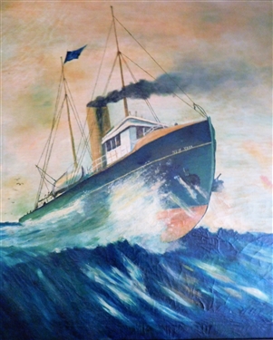 1920's MIB Oil on Canvas Painting of a Ship - Framed - Frame Measures - 28 3/4 by 27 1/2