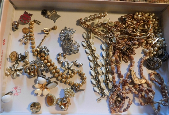 Lot of Gold Tone Costume Jewelry including Beads, Cameo Earrings, Eisenberg Brooch, Etc. 