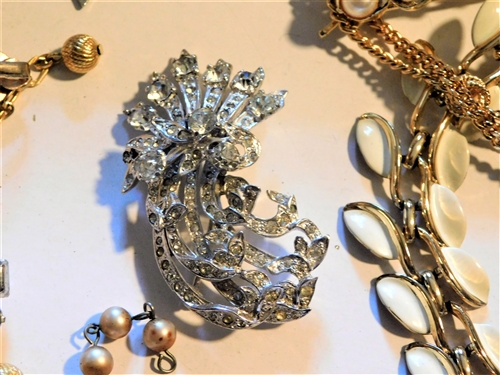 Lot of Gold Tone Costume Jewelry including Beads, Cameo Earrings, Eisenberg Brooch, Etc. 