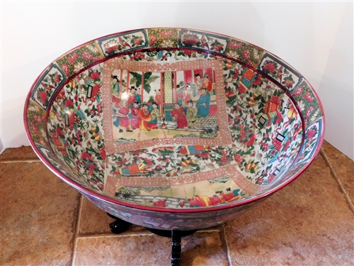 Large Asian Bowl with People on Wood Stand - Bowl Measures 14 Across 6 Tall - Not including Stand