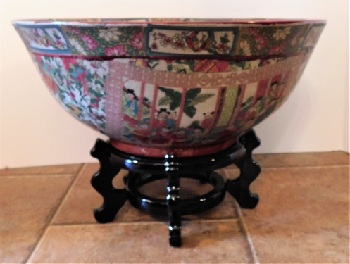 Large Asian Bowl with People on Wood Stand - Bowl Measures 14 Across 6 Tall - Not including Stand