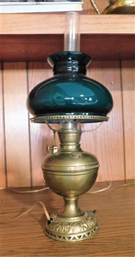 Brass Converted Oil Lamp with Green Case Glass Shade - 21 Tall 