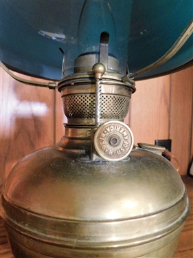 Brass Converted Oil Lamp with Green Case Glass Shade - 21 Tall 